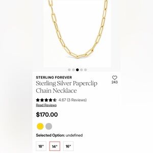 GOLD PLATED STERLING SILVER PAPERCLIP CHAIN NECKLACE NWT